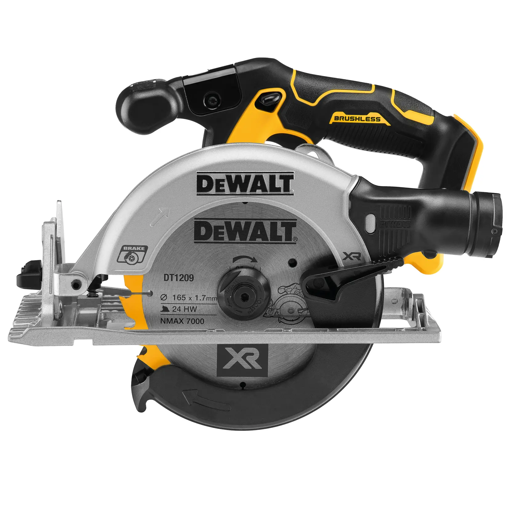 Sierra circular DEWALT para fotografía, SKUs DCS565NT-XJ, DCS565NT, mango negro-amarillo, vista lateral.
