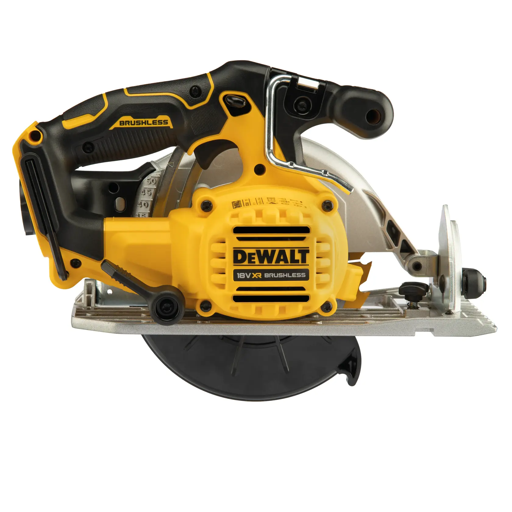 DEWALT DCS565N cordless circular saw with brushless motor, yellow and black design, side view.