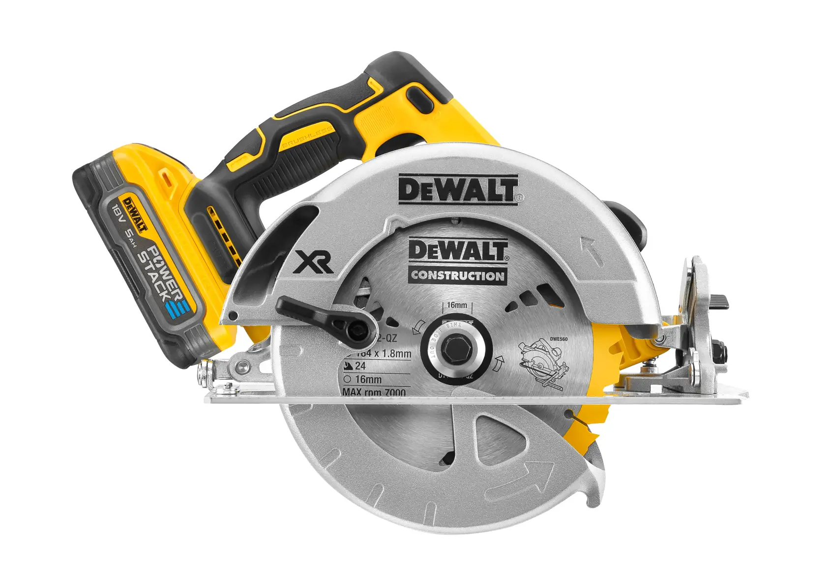 A DEWALT cordless circular saw, featuring a yellow and black ergonomic handle and a blade labeled with DEWALT branding. The saw includes a Power Stack battery and is designed for construction work.