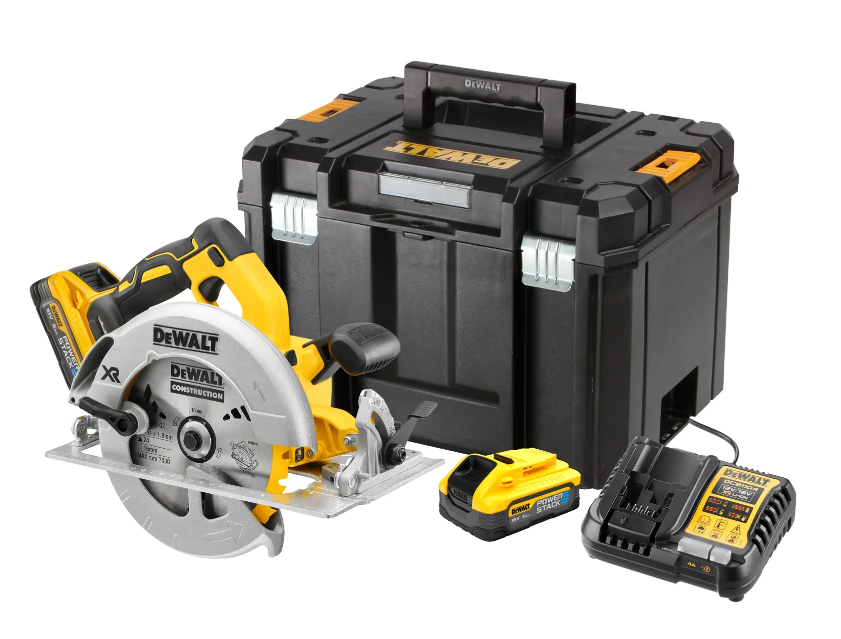 A DEWALT cordless circular saw kit is shown, including a yellow and black circular saw, two battery packs, a battery charger, and a sturdy black carrying case.