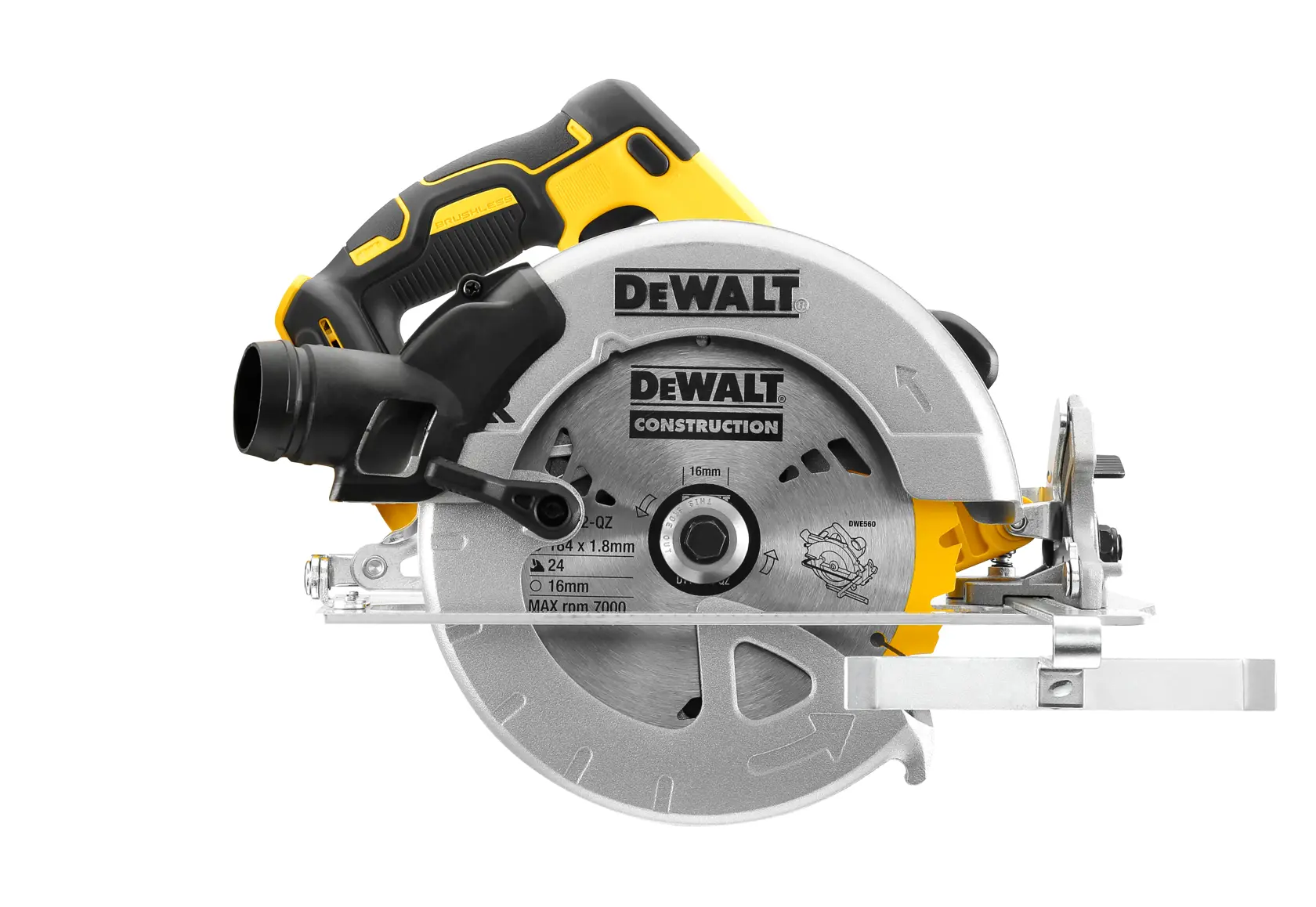 A DEWALT branded cordless circular saw with a yellow and black handle, designed for construction and woodworking tasks.
