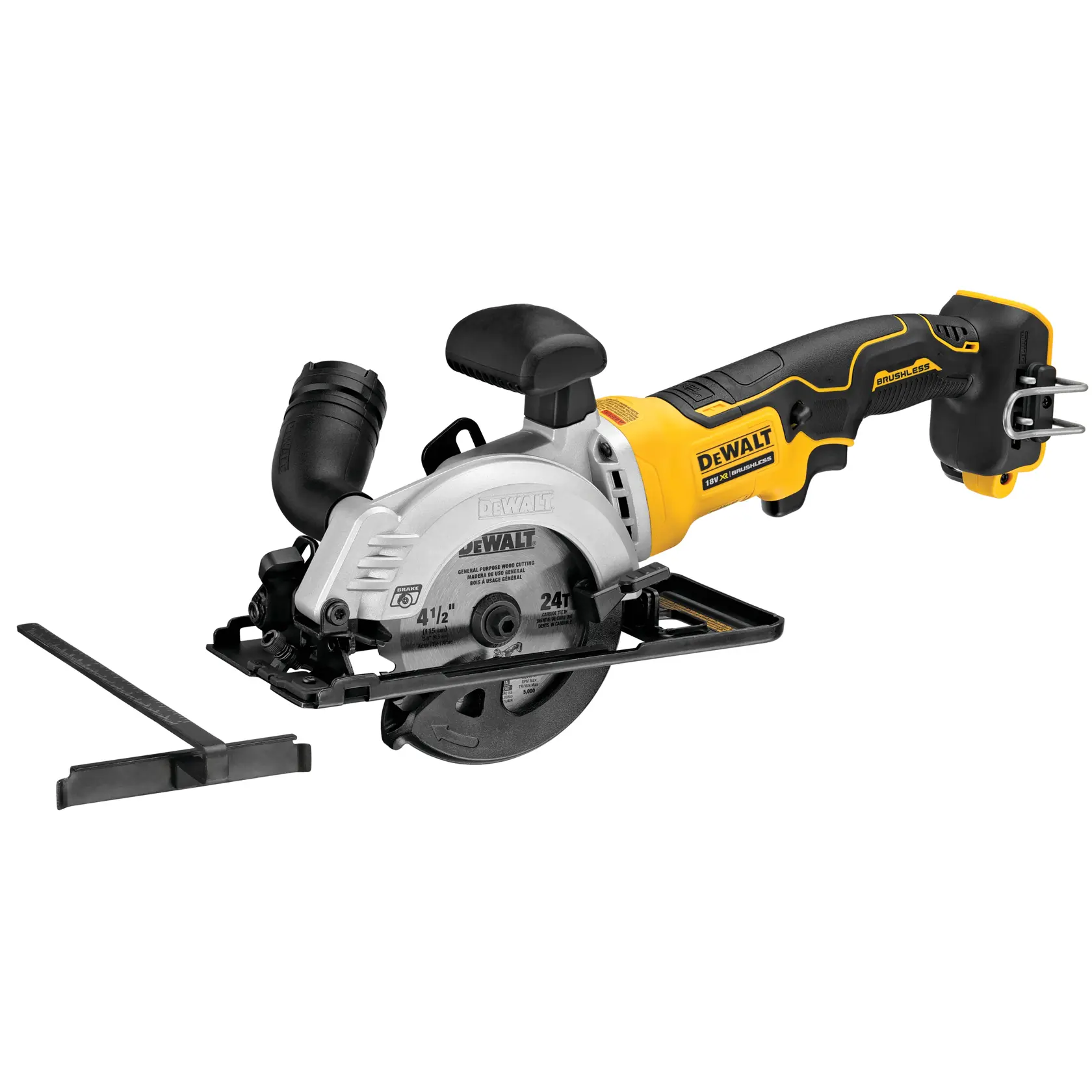 DEWALT cordless circular saw with ergonomic handle and blade guard, shown with side guide attachment.