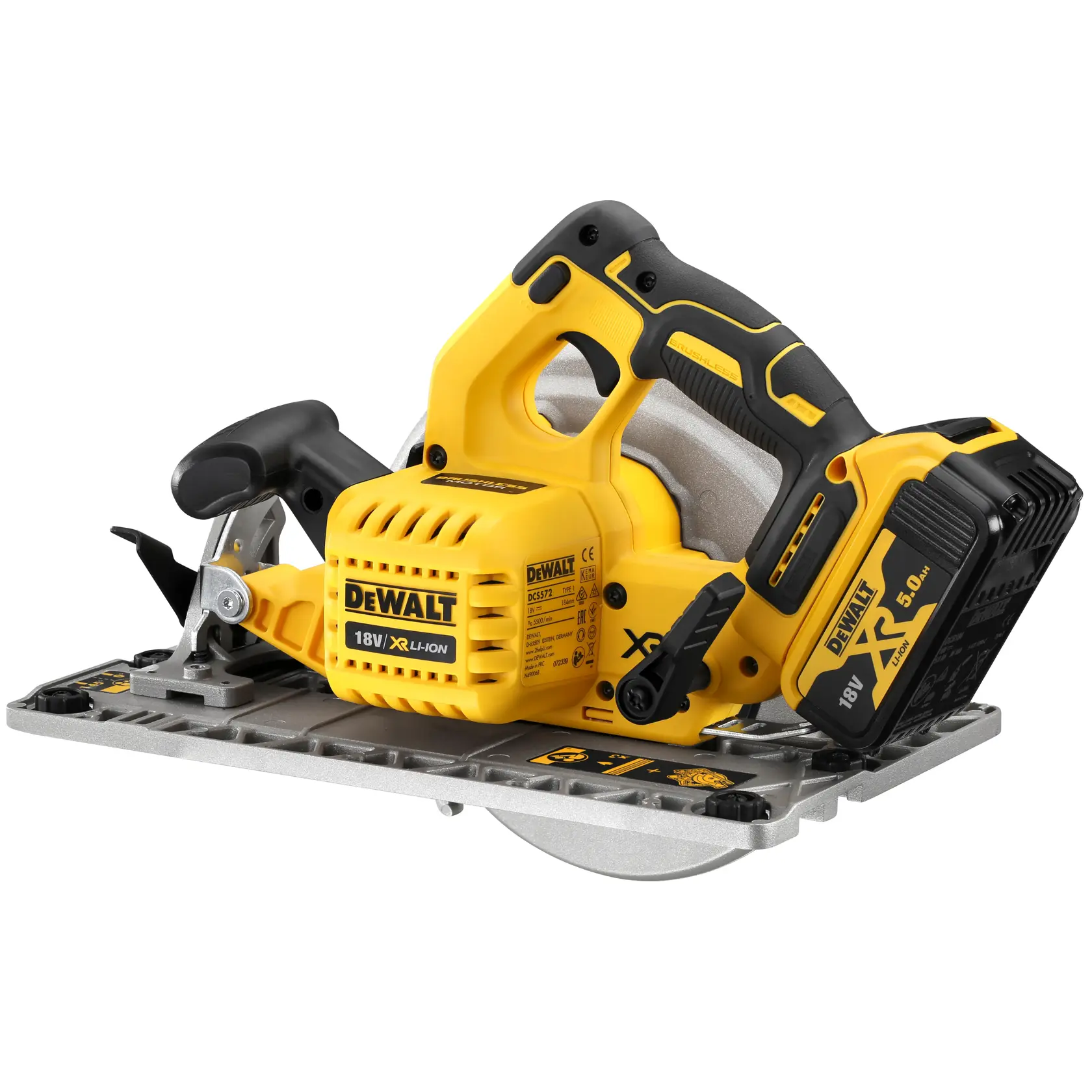 Sierra circular inalámbrica DEWALT 18V, cuerpo amarillo y negro, batería, base metálica y mango ergonómico.