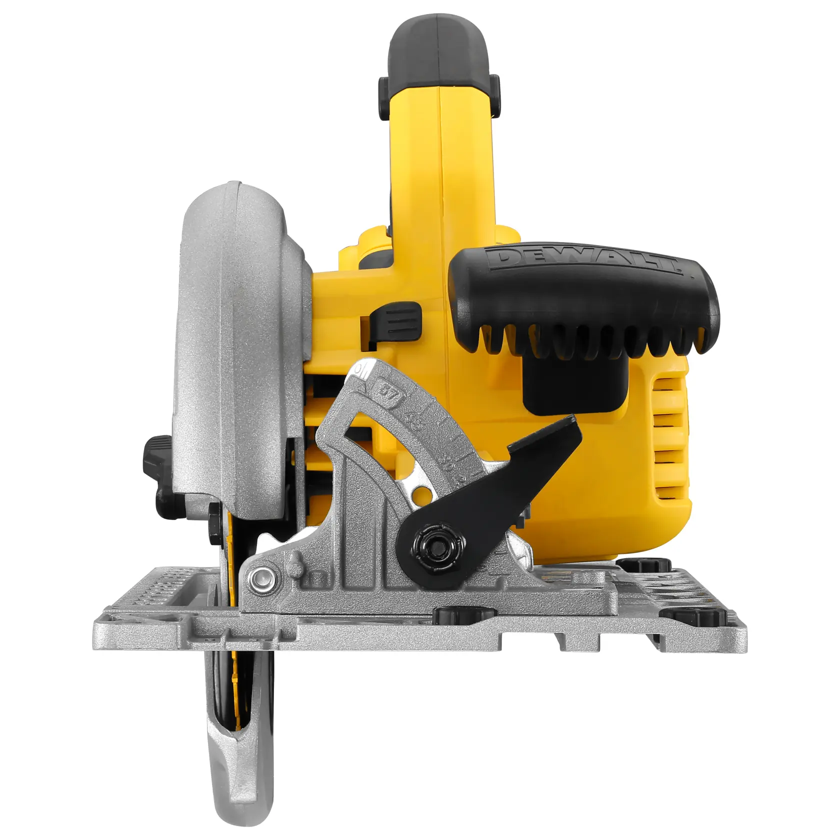Vista frontal de una sierra circular DEWALT amarilla con mango negro sobre base metálica.