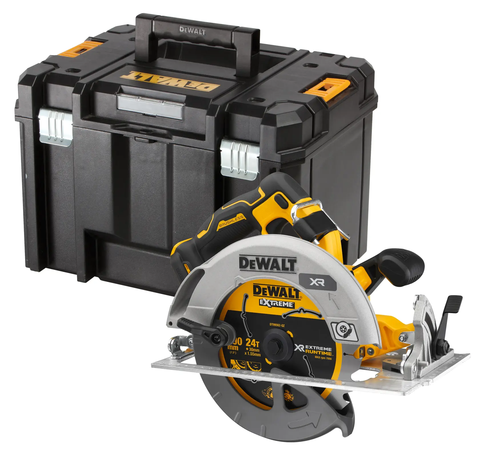 Sierra circular inalámbrica DEWALT con estuche resistente, perfecta para carpintería y construcción.