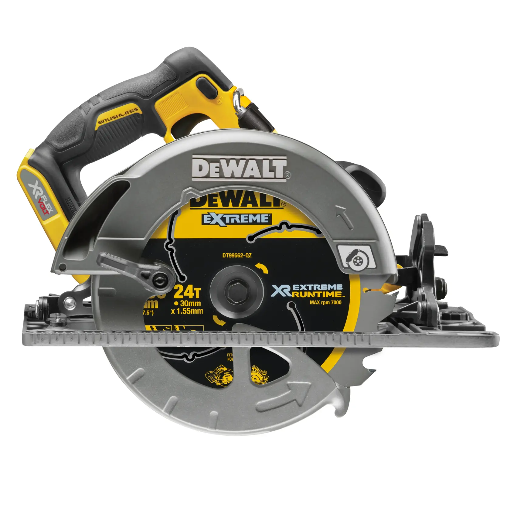 Sierra circular inalámbrica DEWALT negra y amarilla con hoja visible, modelo DCS579NT.