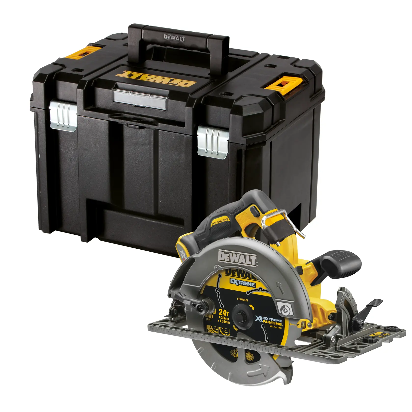 Sierra circular DEWALT y caja negra, ambos en color amarillo y negro, mostrados sobre fondo blanco.