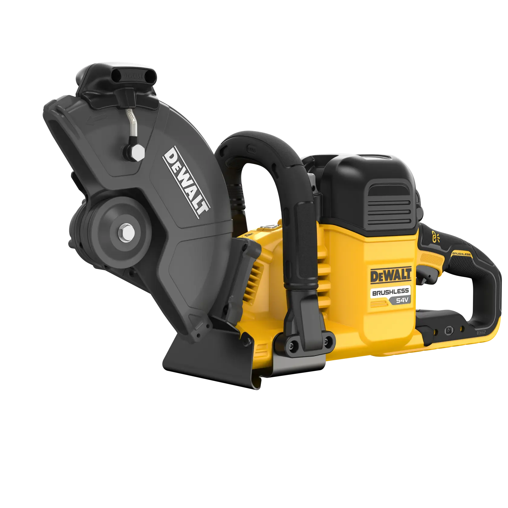DEWALT DCS691N kabellose 54V Trennsäge mit gelbem und schwarzem Gehäuse, vor weißem Hintergrund.