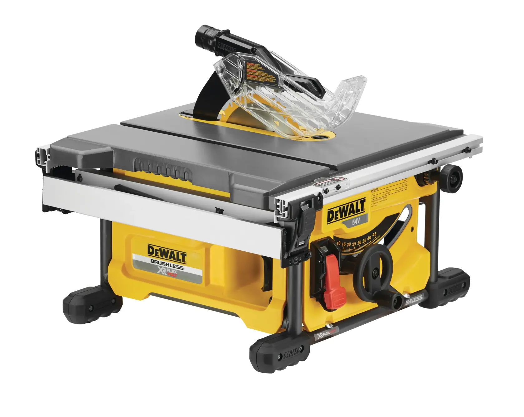 Eine tragbare Tischkreissäge der Marke DEWALT mit gelb-schwarzem Gehäuse, bürstenlosem Motor und transparentem Klingenschutz. Sie verfügt über Messmarkierungen, Einstellknöpfe und ist für Holzarbeiten konzipiert.