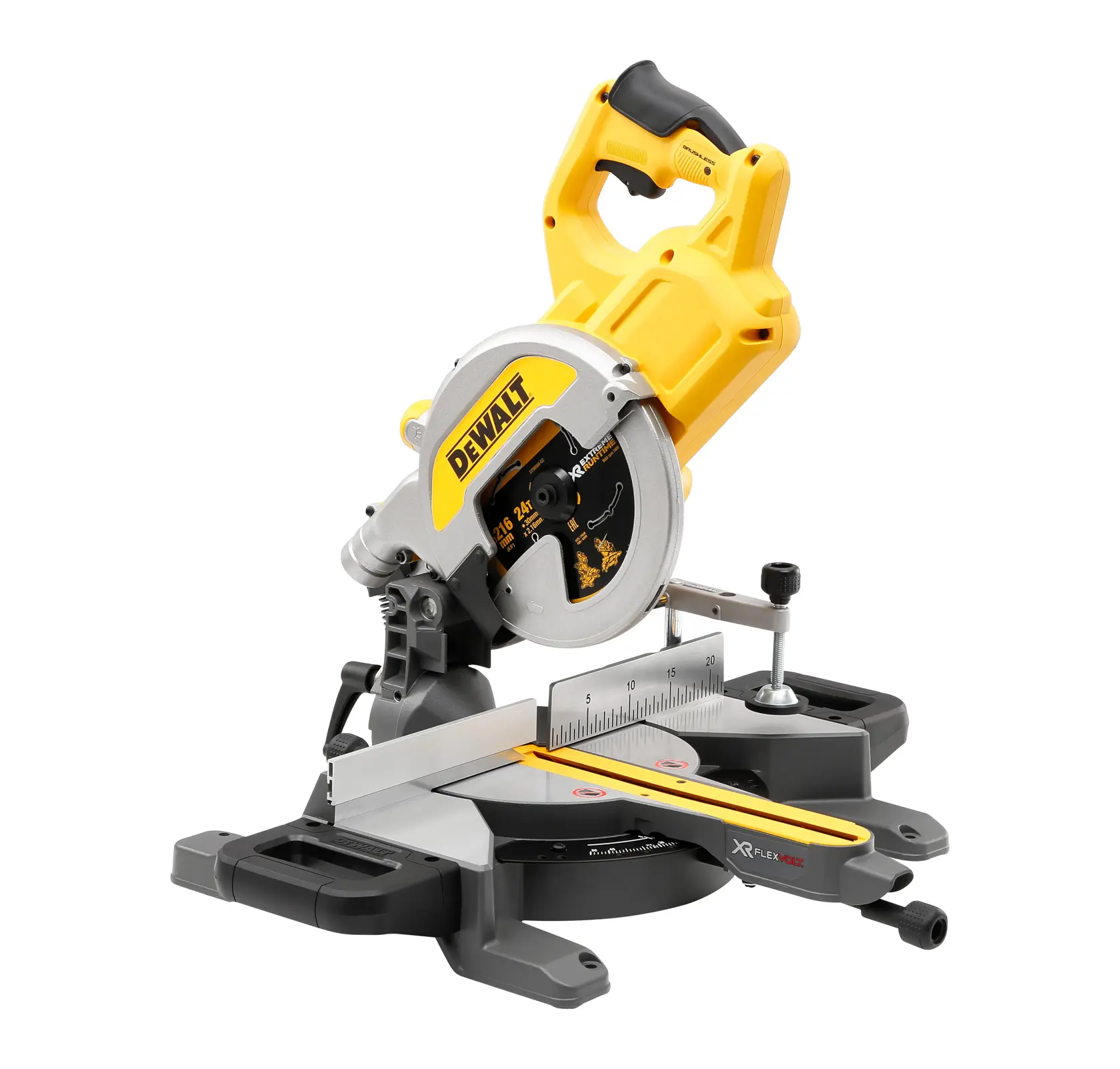 Kabellose DEWALT Gehrungssäge mit gelb-schwarzem Design, großer Kreissägeblatt, Griff und Messführung für präzises Schneiden.