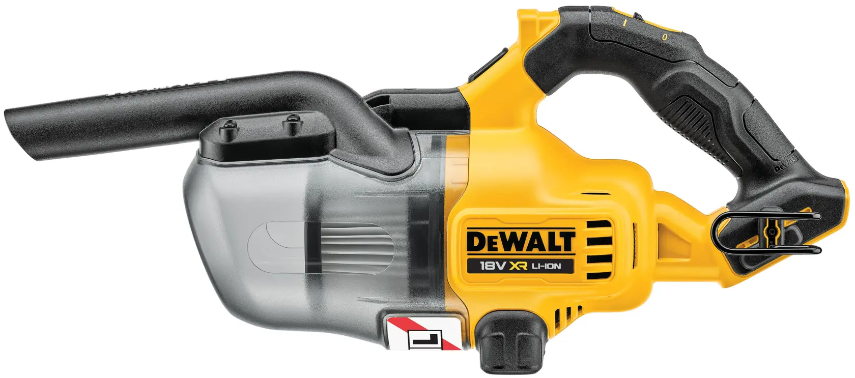 Aspiradora de mano DEWALT 18V XR Li-Ion con diseño negro y amarillo, recipiente transparente para el polvo y mango ergonómico.