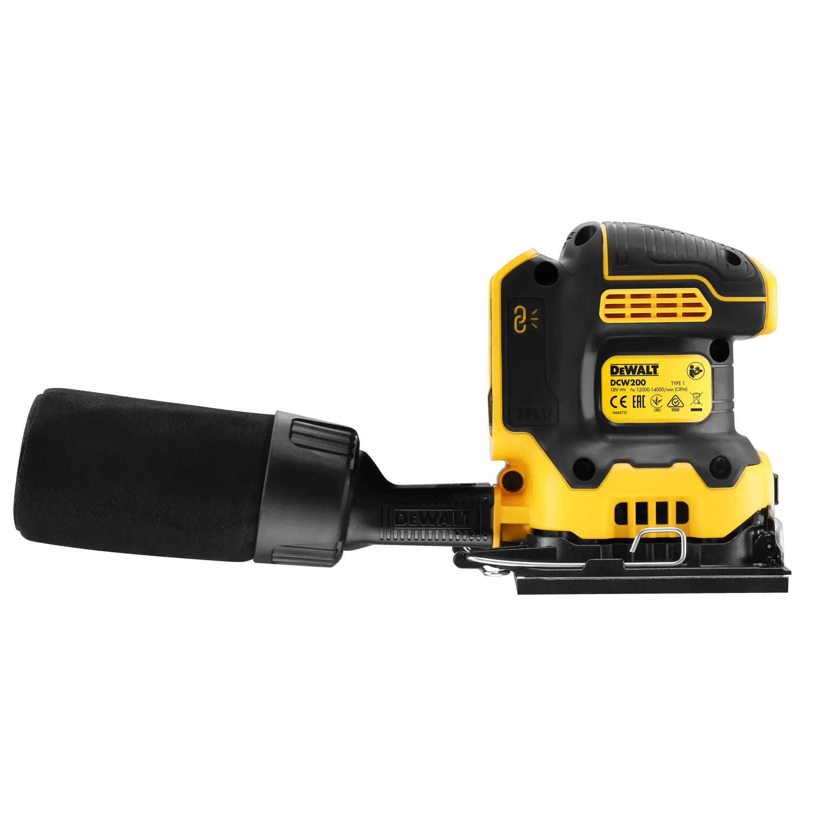 Lijadora inalámbrica DEWALT DCW200NT amarilla y negra con bolsa de polvo, vista lateral sobre fondo blanco.