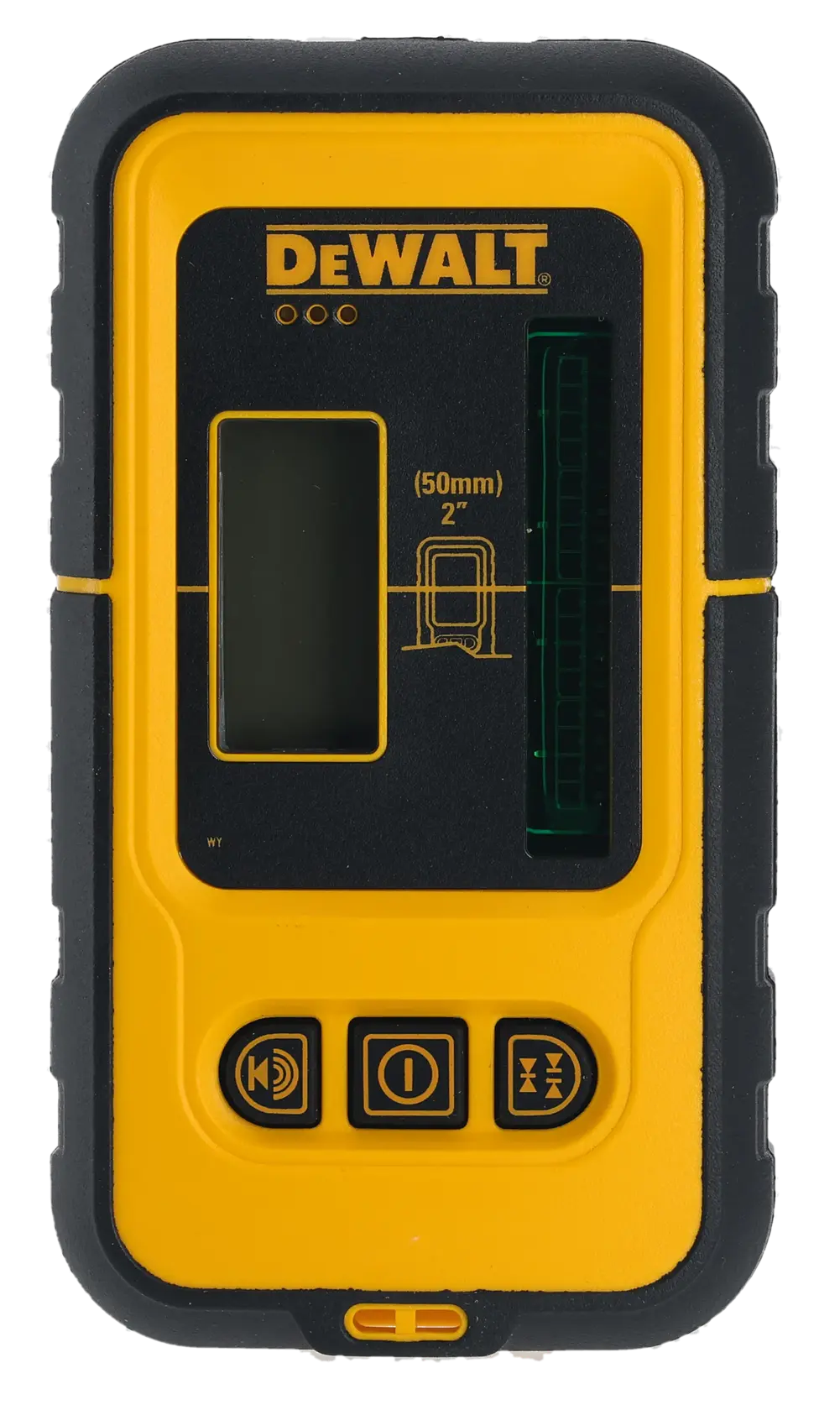 Receptor láser DEWALT DE0892G amarillo y negro para medición digital, con botones y pantalla.