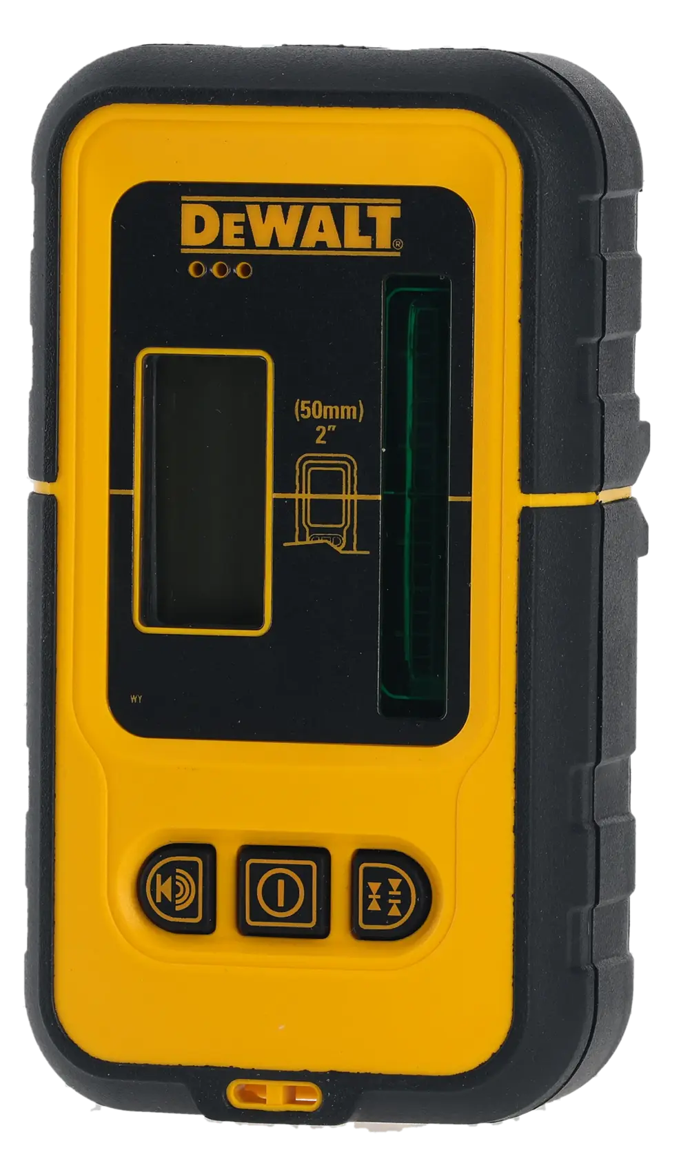 Detector láser DEWALT DE0892G negro y amarillo con botones y pantalla.