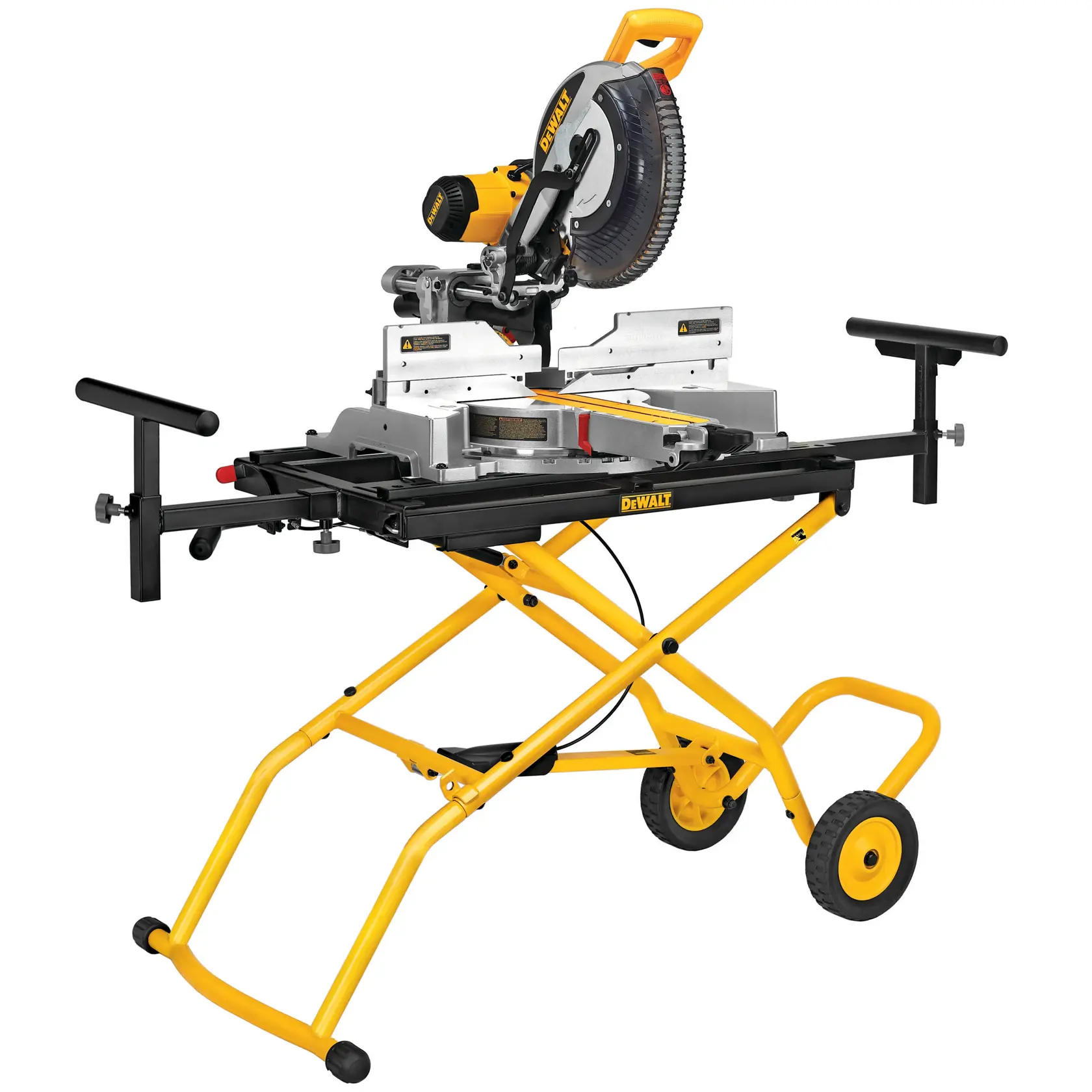 Soporte para ingletadora DEWALT DE7260 con marco amarillo y ruedas para herramienta portátil.