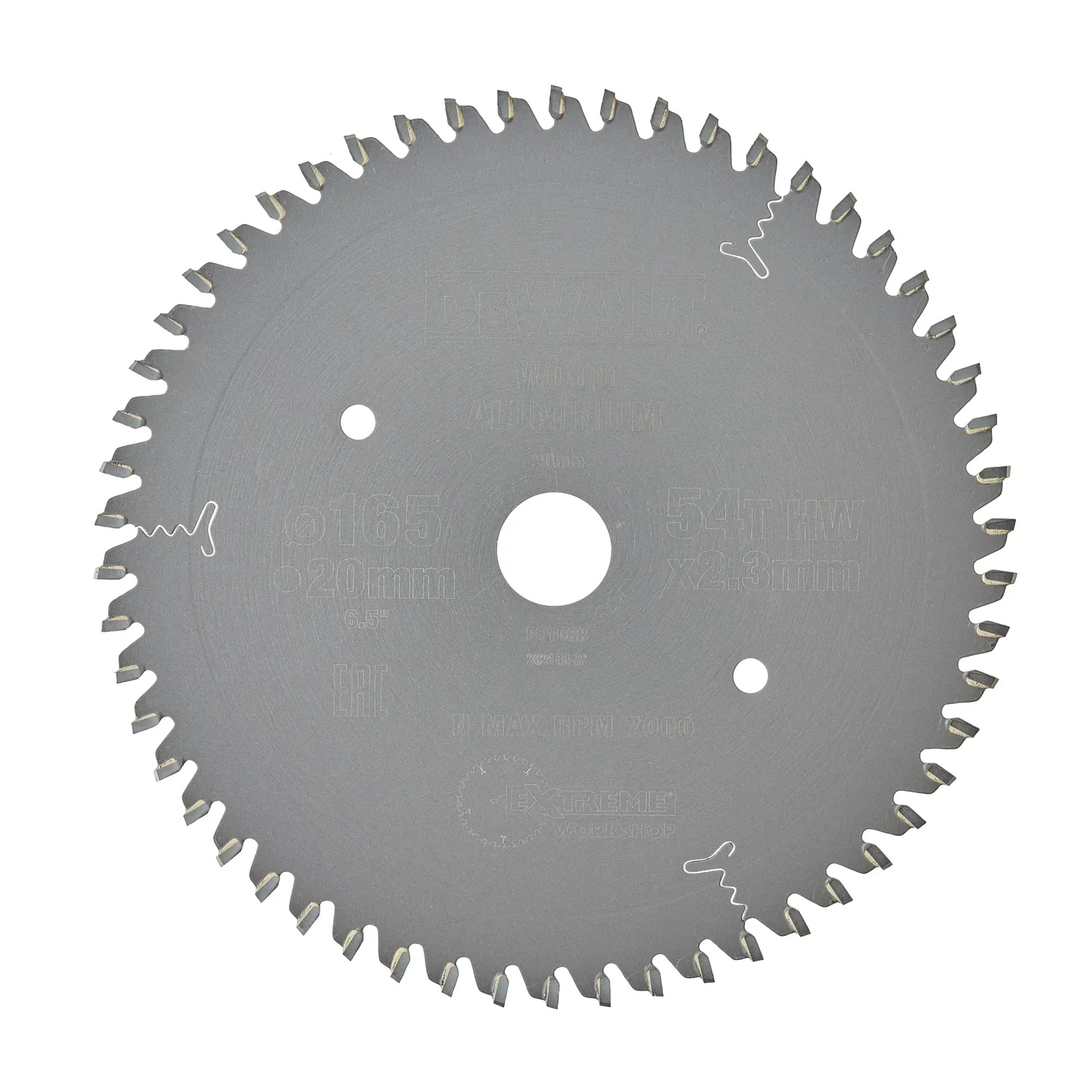 DEWALT DT1088 circular saw blade with 54 teeth for wood and aluminum, 165mm diameter, 20mm bore.