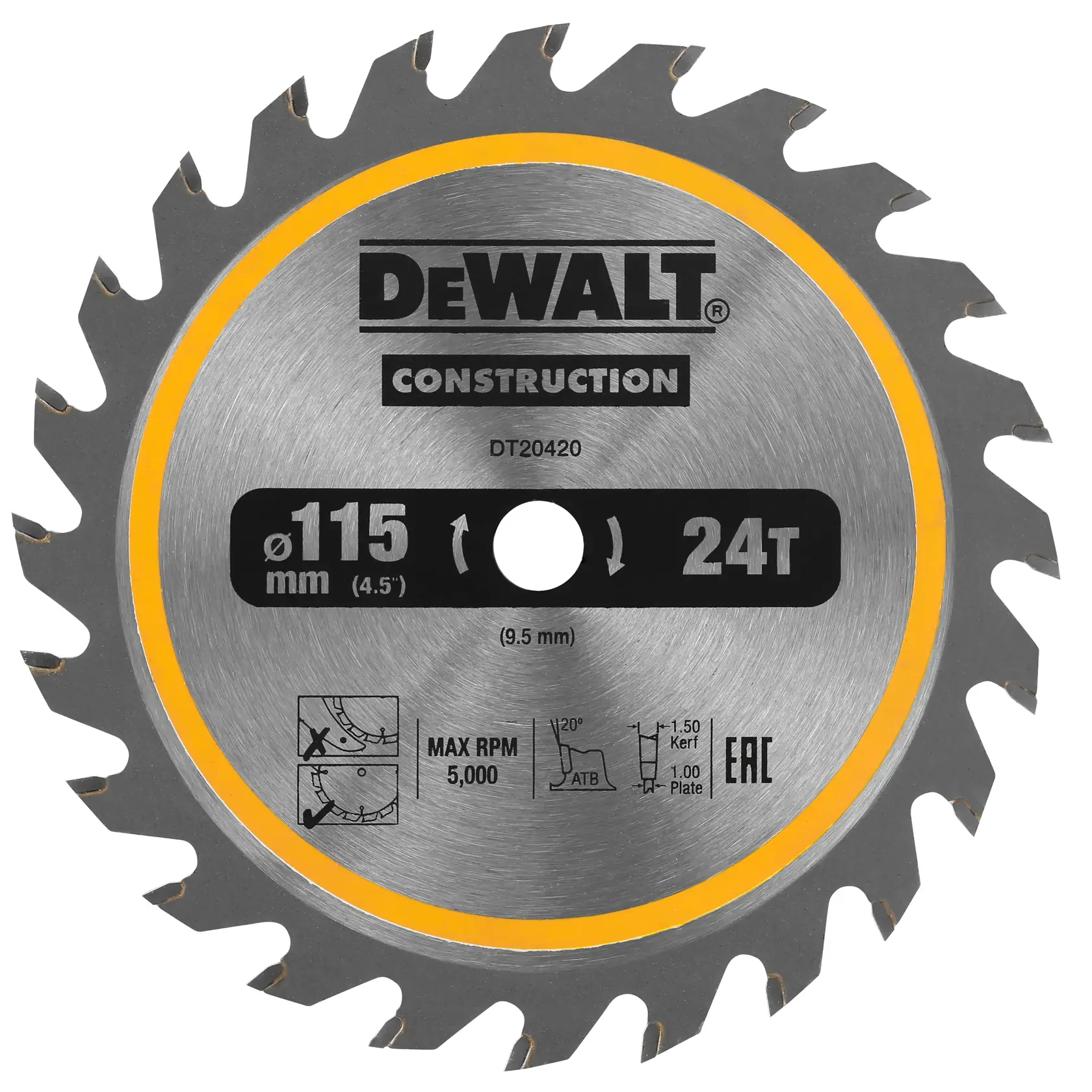 Hoja de sierra circular DEWALT DT20420 115mm 24T para construcción, anillo amarillo y detalles técnicos.