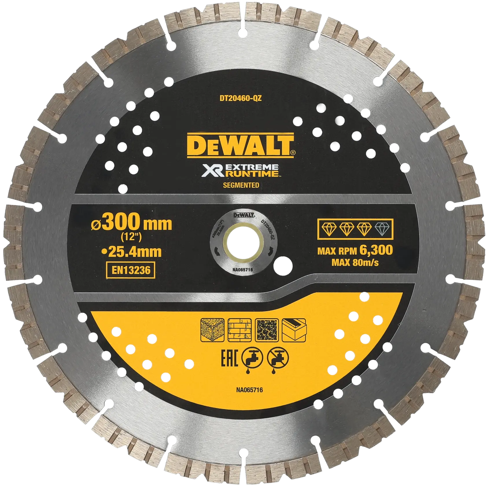 DEWALT DT20460 segmented circular saw blade, 300mm diameter, for masonry cutting, max 6300 RPM.