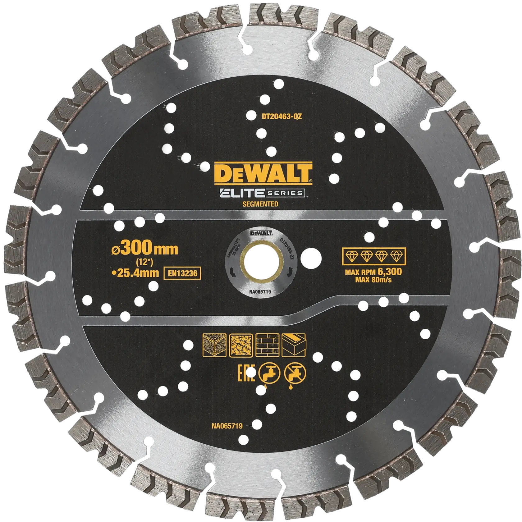 DEWALT segmented diamond blade, 300mm diameter, Elite Series, for cutting, max RPM 6300, SKU DT20463.