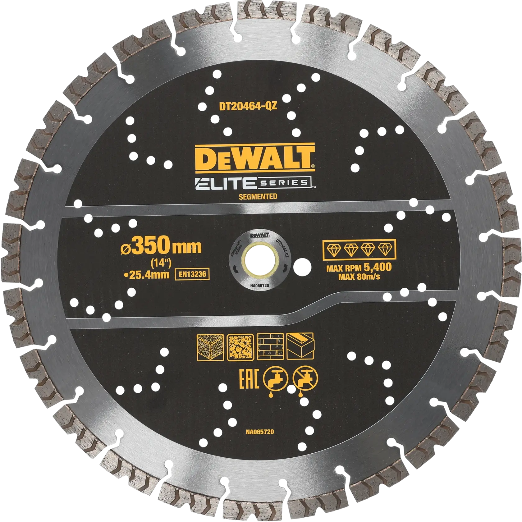 DEWALT Elite Series segmented circular saw blade, 350mm diameter, for cutting, with product details.