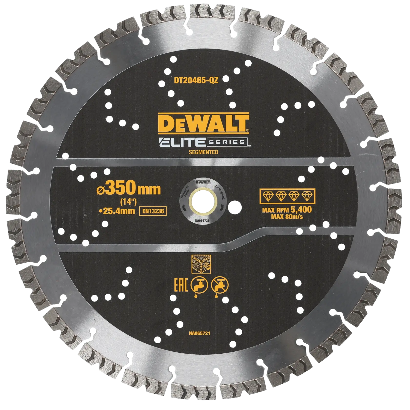 DEWALT segmented diamond saw blade, 350mm diameter, Elite Series, for cutting construction materials.