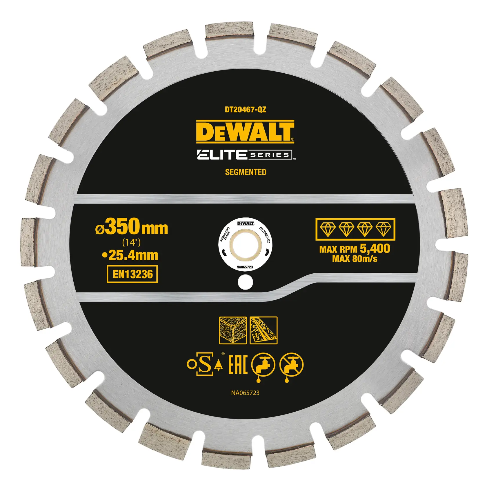 DEWALT DT20467 segmented diamond saw blade, 350mm diameter, for cutting construction materials.