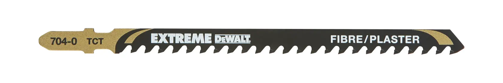 Hoja de sierra DEWALT Extreme para fibra y yeso, negra con detalles dorados y dientes afilados.
