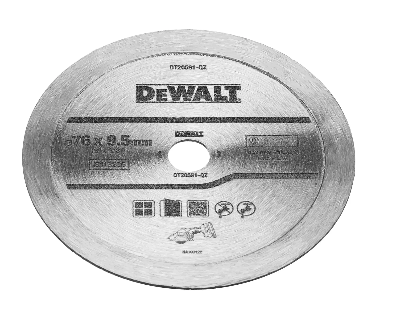 DEWALT DT20591 Kreissägeblatt, silberfarben, Durchmesser 76 mm und Dicke 9,5 mm, geeignet zum Schneiden von Materialien. Das Blatt zeigt Produktinformationen und Sicherheitssymbole auf seiner Oberfläche.