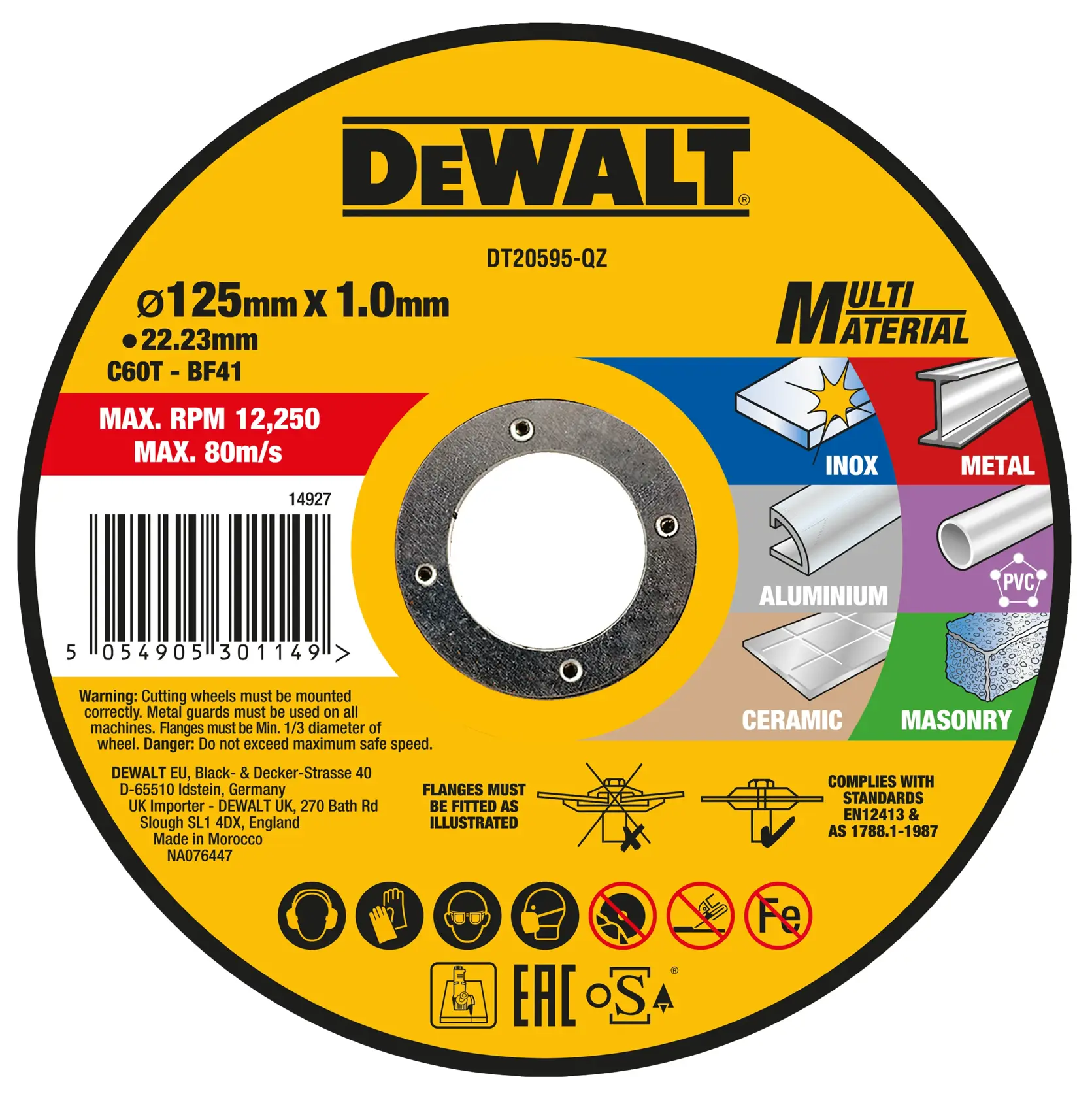 Eine Multi-Material-Trennscheibe der Marke DEWALT, Modell DT20595-QZ, mit einem Durchmesser von 125 mm und einer Dicke von 1,0 mm. Die Scheibe ist für verschiedene Materialien wie Inox, Metall, Aluminium, PVC, Keramik und Mauerwerk vorgesehen. Sie weist eine maximale Drehzahl von 12.250 U/min und eine maximale Geschwindigkeit von 80 m/s auf. Das Etikett enthält Sicherheitsanweisungen, Piktogramme für erforderliche Schutzausrüstung und Konformitätsstandards.