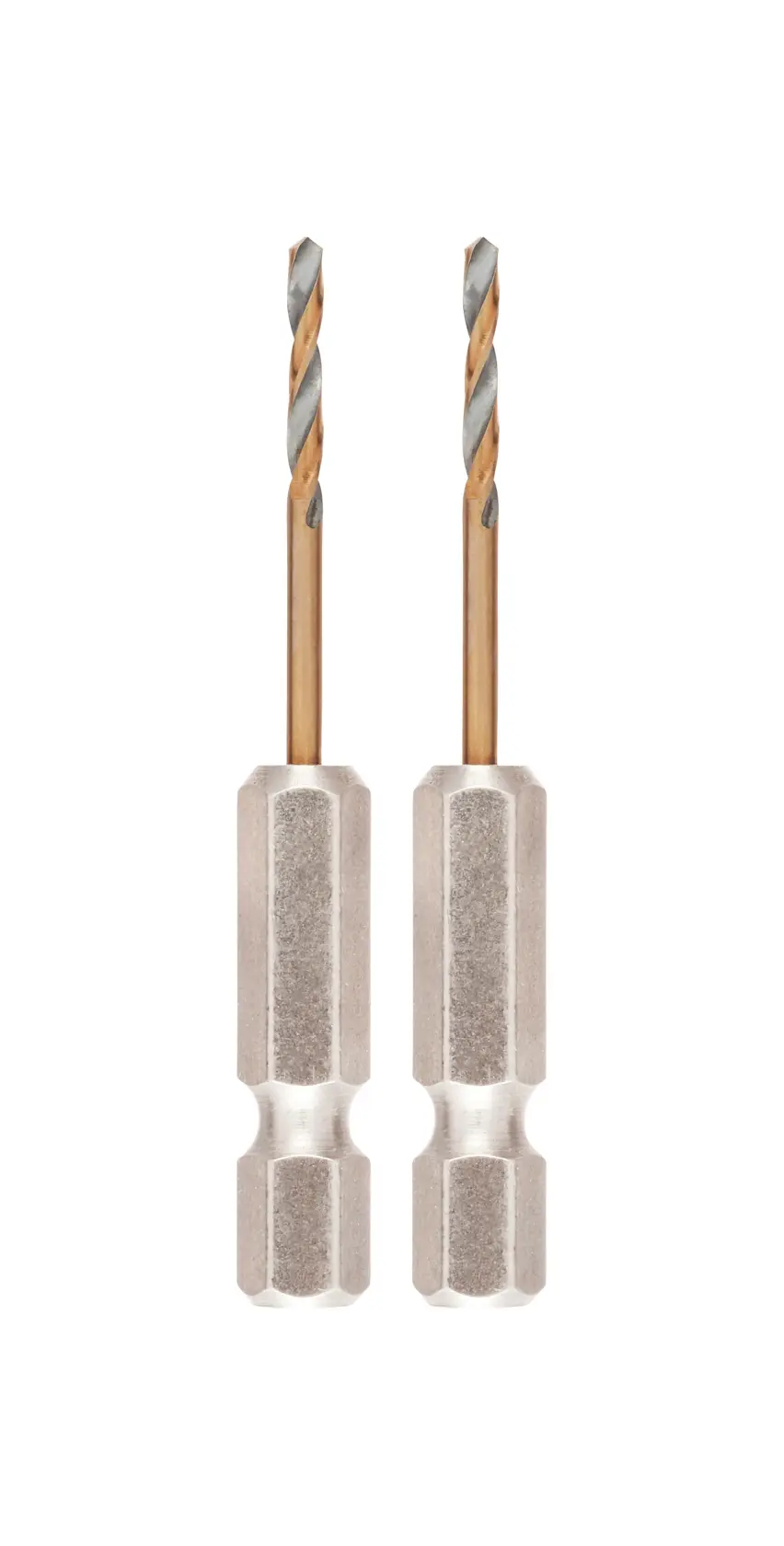 Dos brocas DEWALT de vástago hexagonal con recubrimiento de titanio sobre fondo blanco.