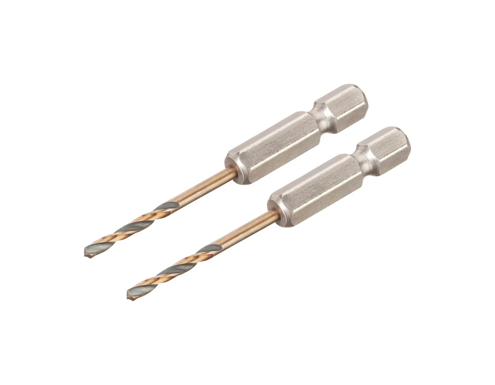 Dos brocas DEWALT de vástago hexagonal con acabado metálico, juntas sobre fondo blanco.