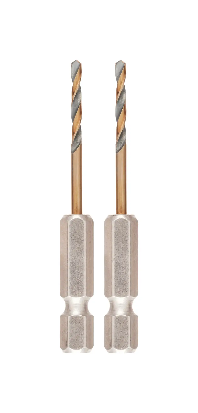 Dos brocas hexagonales DEWALT DT20601 para perforaciones precisas, verticales sobre fondo blanco.