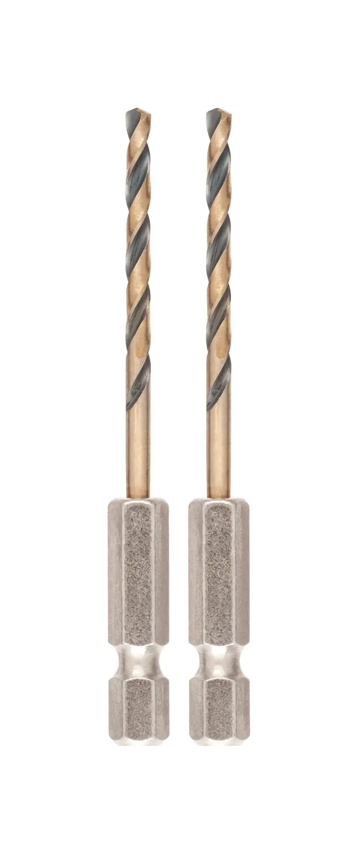 Dos brocas DEWALT con vástago hexagonal y estrías en espiral, en fondo blanco.