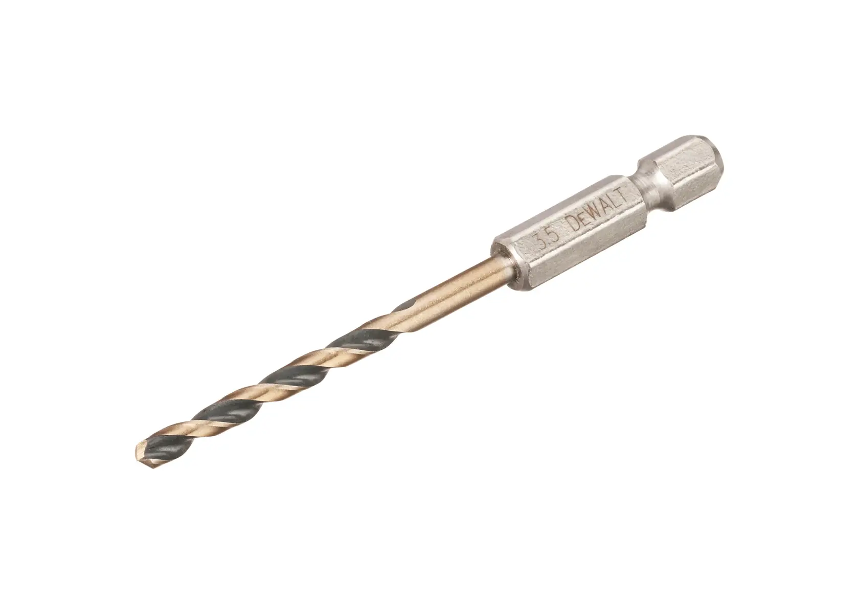 Broca metálica DEWALT DT20603 con vástago hexagonal para herramientas sobre fondo blanco.