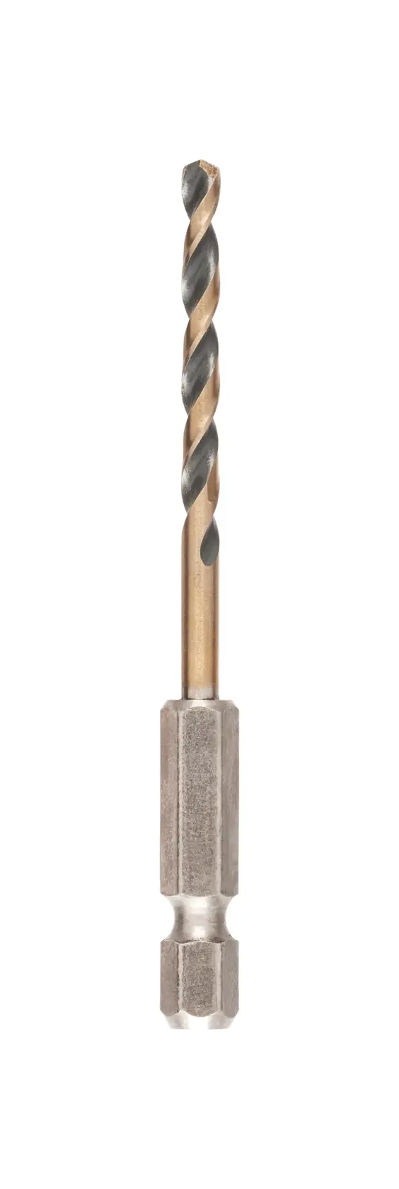 Broca para metal DEWALT, vástago hexagonal y punta espiral, mostrada sobre fondo blanco.