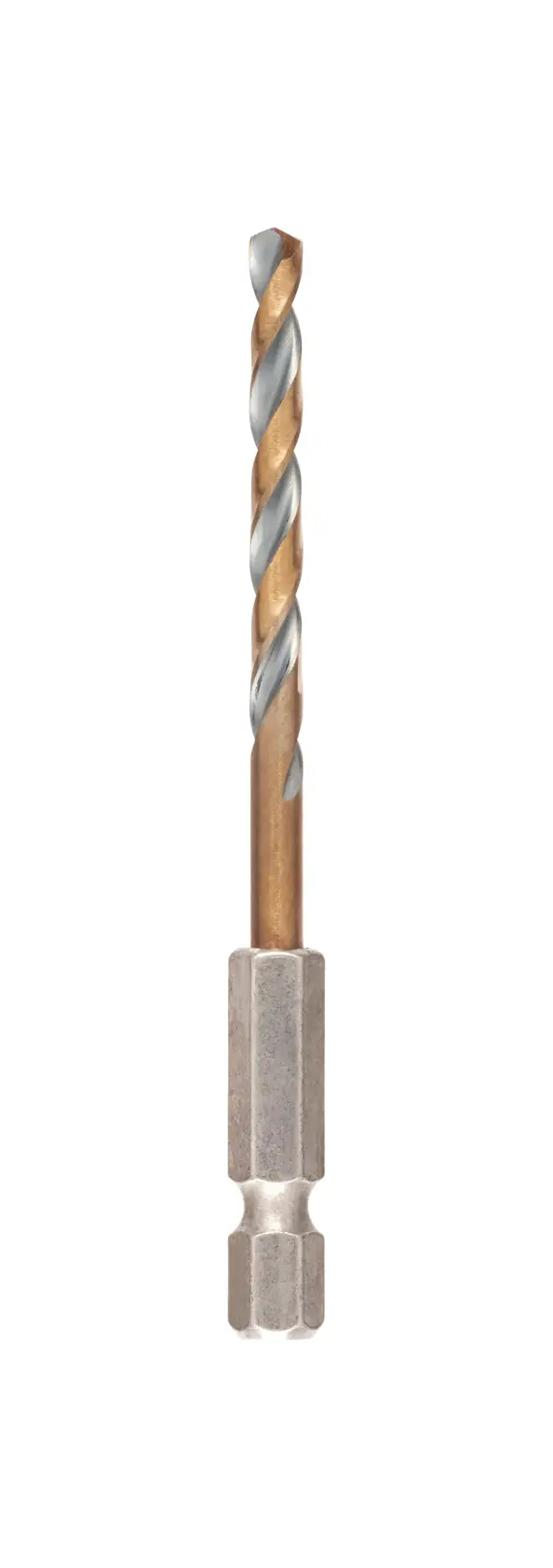 Broca DEWALT con vástago hexagonal, mostrada vertical sobre fondo blanco.