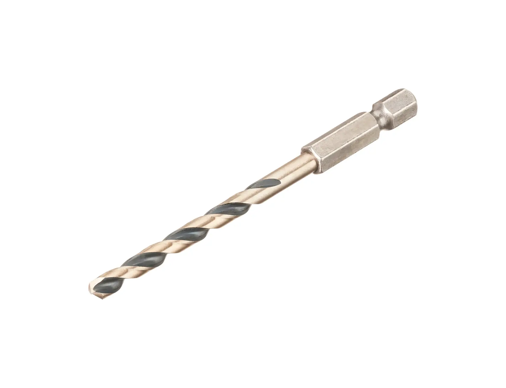 Broca de metal con vástago hexagonal para herramientas eléctricas, sobre fondo blanco.