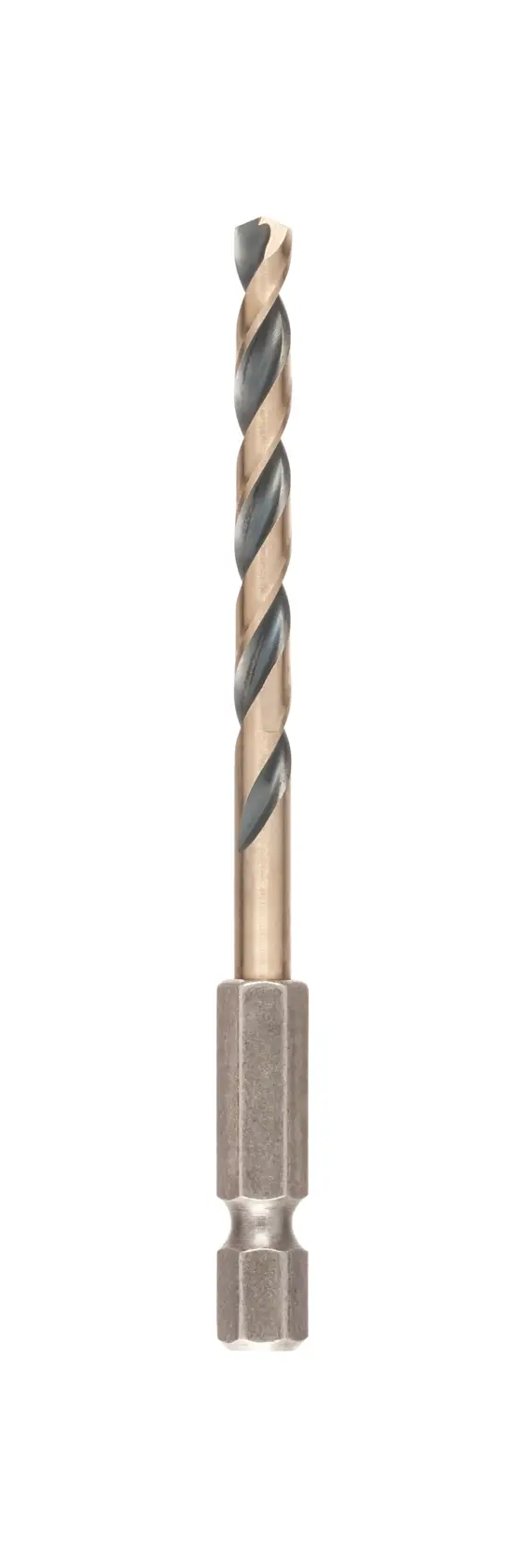 Broca metálica DEWALT DT20605 con vástago hexagonal, mostrada verticalmente sobre fondo blanco.