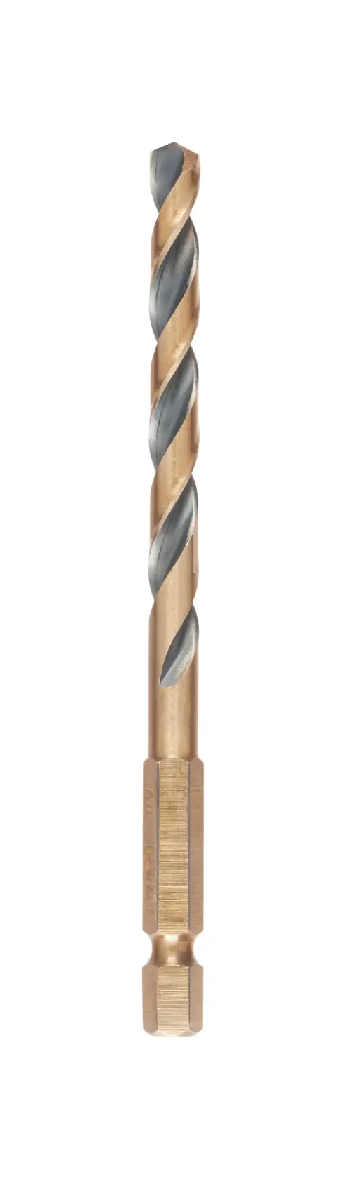 Broca de metal DEWALT con vástago hexagonal, para perforación precisa y durabilidad, sobre fondo blanco.