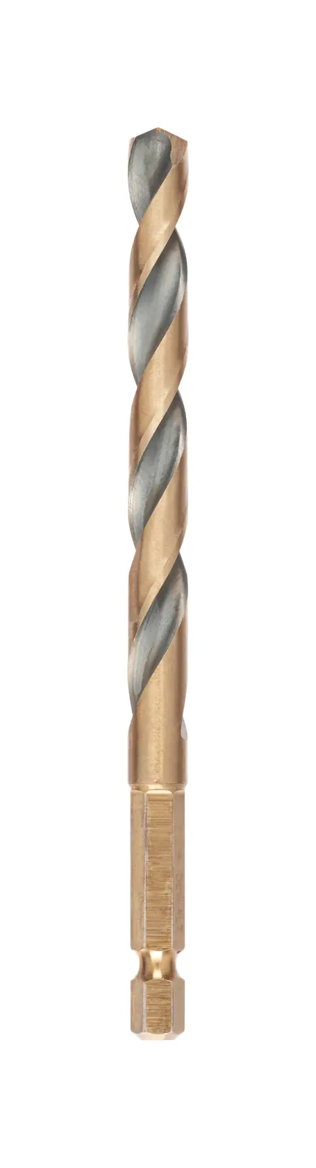 Broca hexagonal DEWALT DT20612 dorada y plateada con espiral sobre fondo blanco.