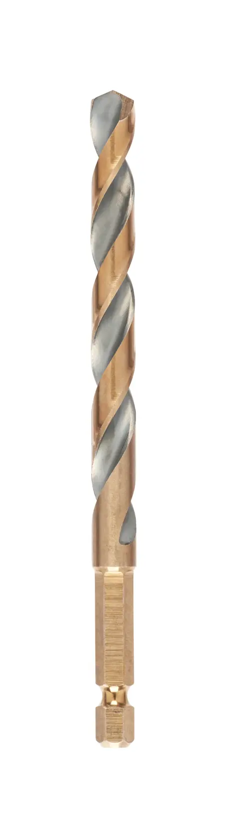 Broca DEWALT de vástago hexagonal, espiral dorada y plateada, para metal y madera.