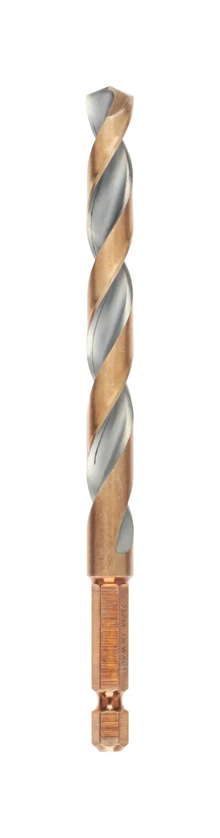 Broca de metal con estrías en espiral y vástago hexagonal para herramientas eléctricas sobre fondo blanco.