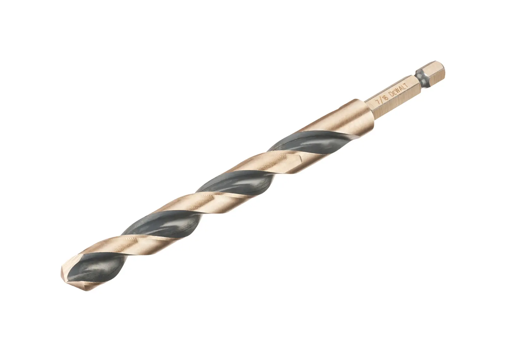 Broca espiral de vástago hexagonal DEWALT DT20617 para herramientas eléctricas sobre fondo blanco.
