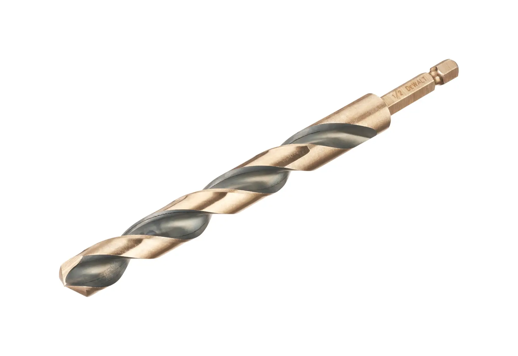 Broca DEWALT DT20618 con vástago hexagonal y estrías en espiral para perforación eficiente.
