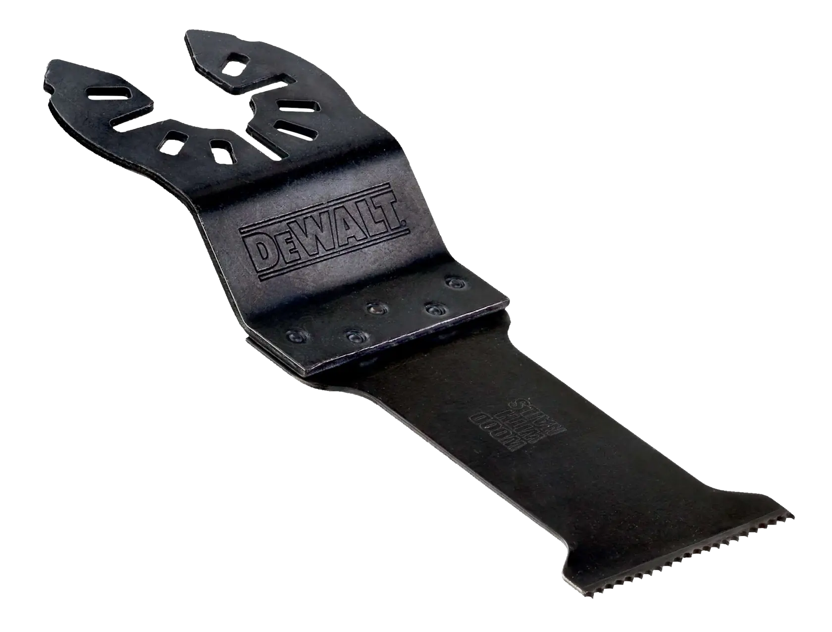 Accesorio de hoja para herramienta multifunción oscilante DEWALT en color negro, con borde de corte plano y extremo de montaje multifit.