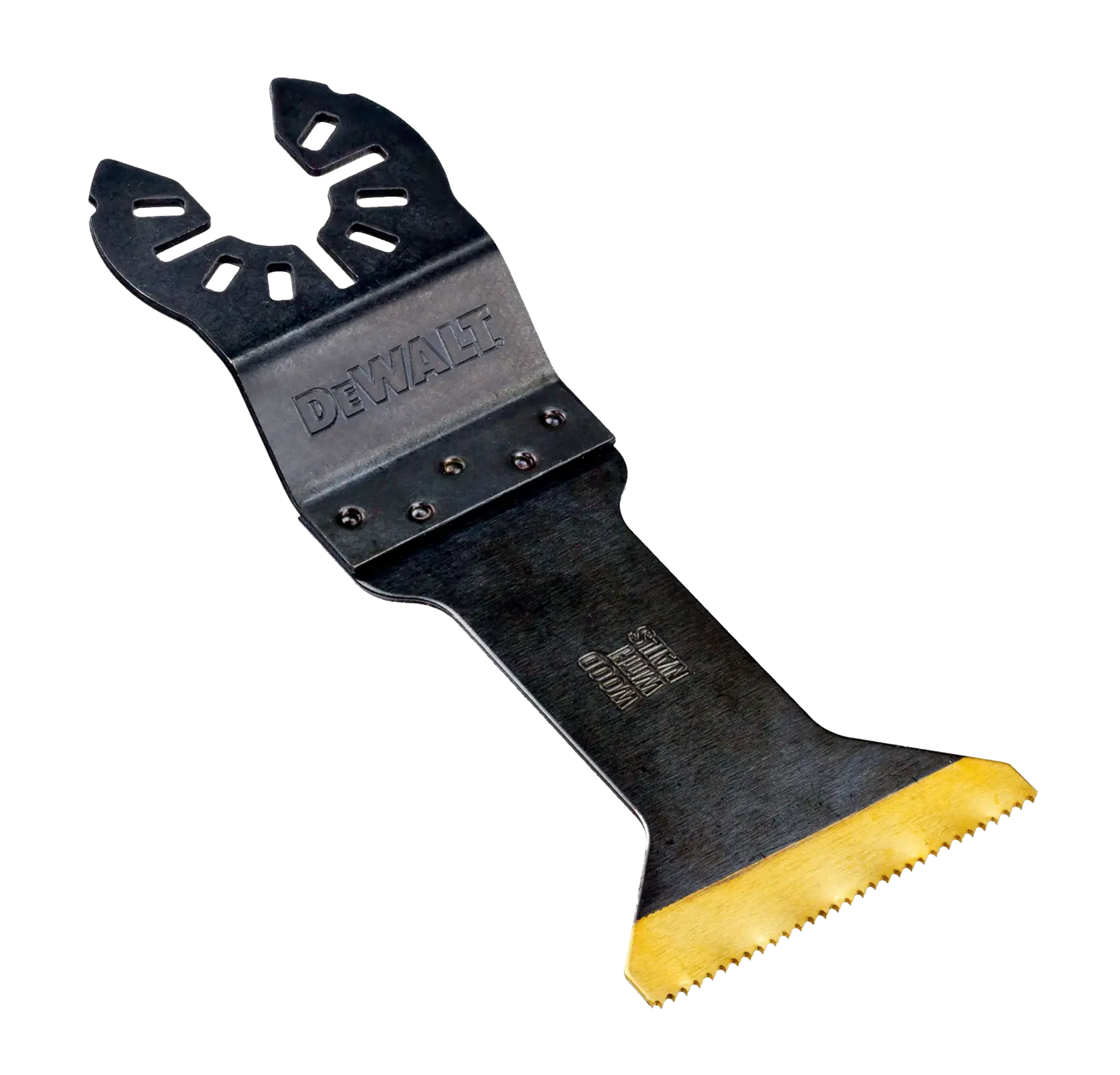 Ein DEWALT Schwing-Multitool-Sägeblatt mit einer flachen, breiten Schneide mit gezackten Zähnen und einem universellen Befestigungsende.