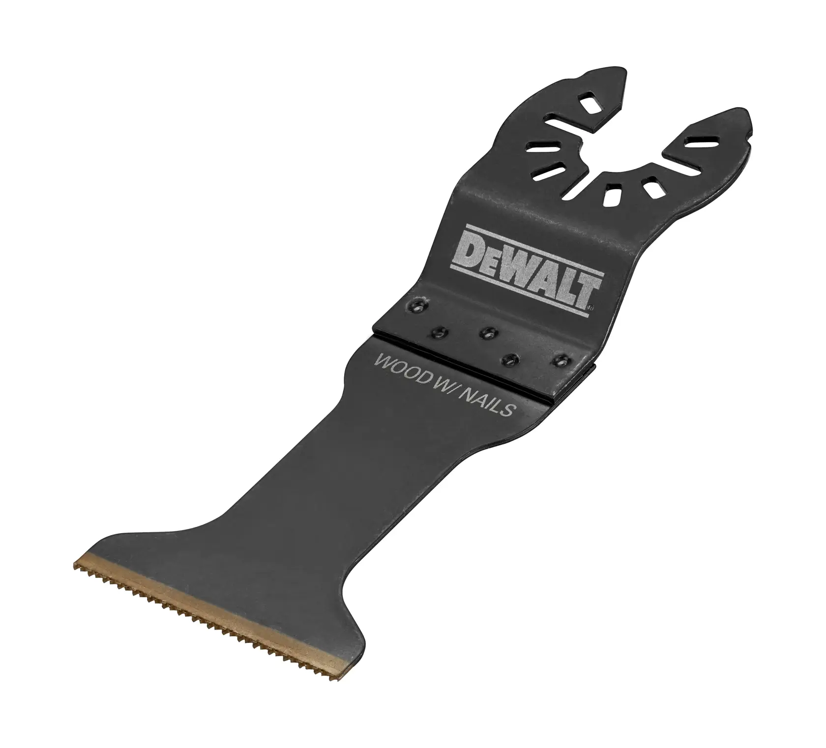 DEWALT Multitool-Sägeblatt für Holz mit Nägeln, vor weißem Hintergrund.