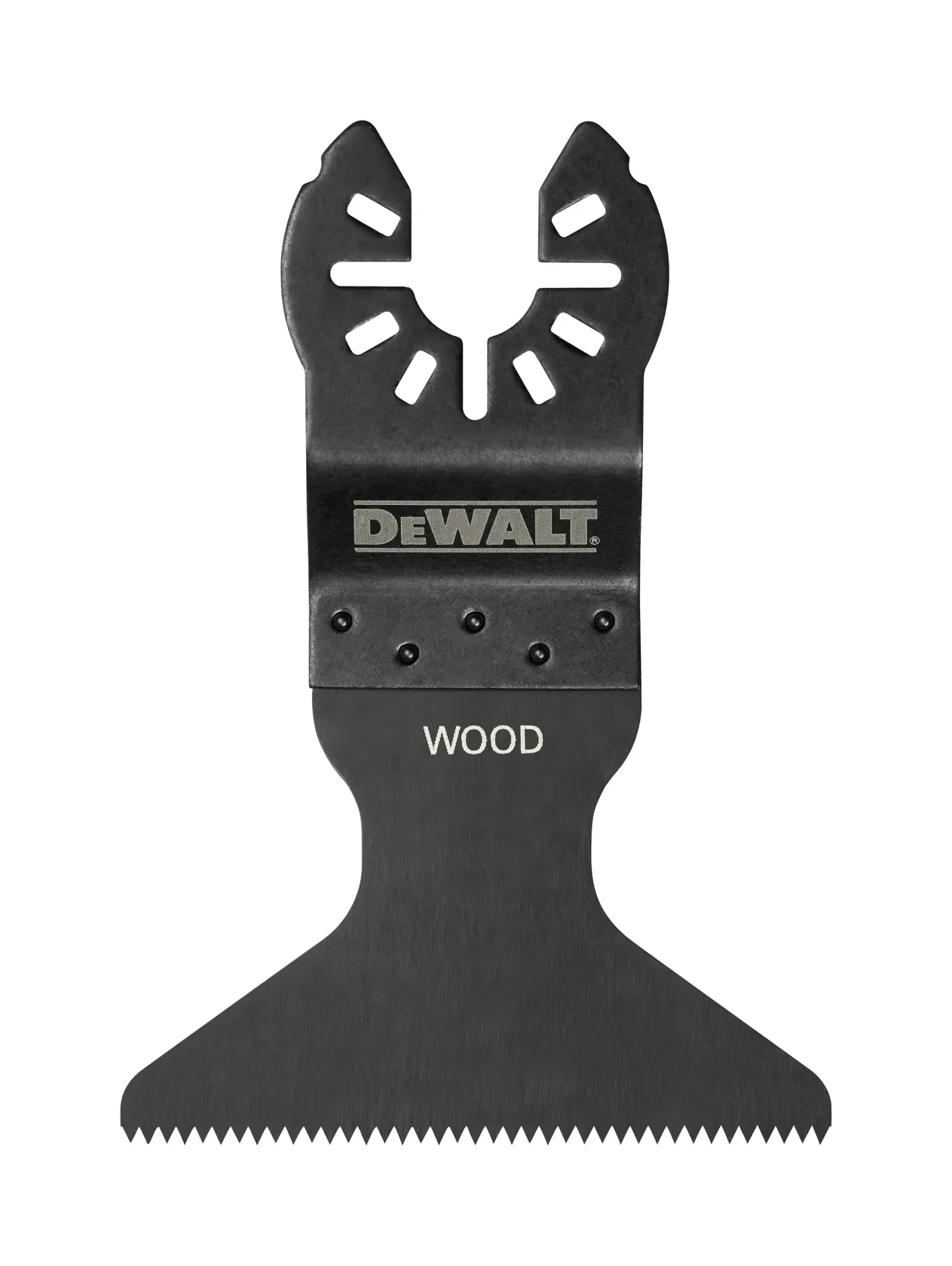 Hoja para madera DEWALT DT20705 para multitools oscilantes, negra, con dientes y conector.