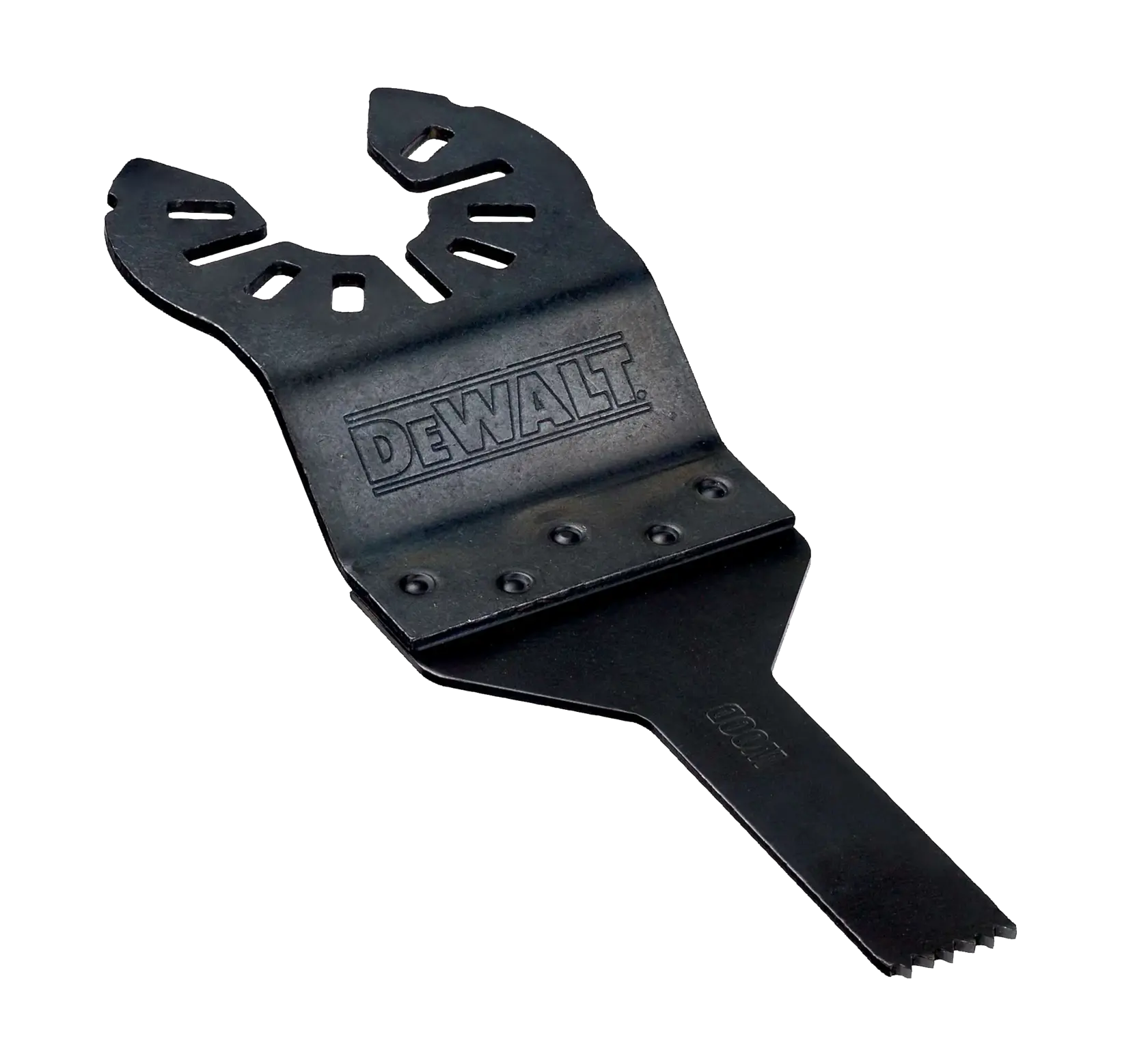 Hoja multitool negra DEWALT DT20706 con borde dentado para cortar sobre fondo blanco.