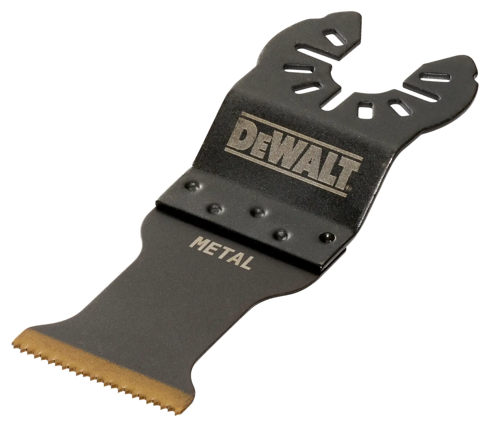DEWALT DT20707 Sägeblatt für Multitool zum Metallschneiden, schwarz mit goldenen Zähnen.